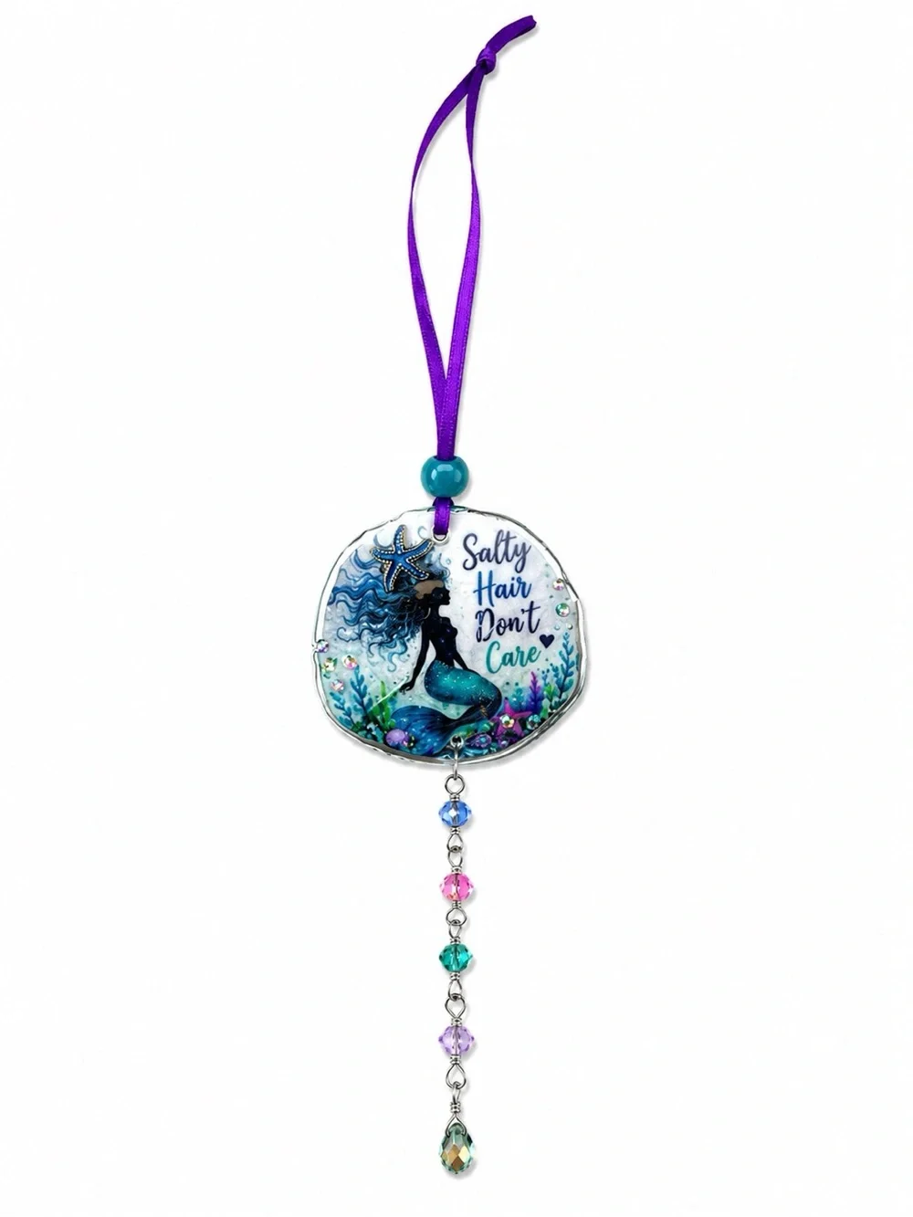 Blue & Green Decoupage Mermaid Crystal Sand Dollar Suncatcher